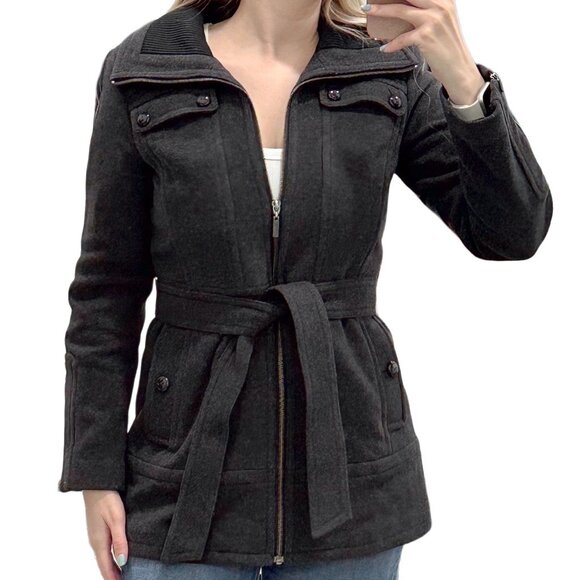 Cole Haan Wool Cashmere Blend Tie Waist Peacoat Jacket Coat in Gray Women's Sz 4 - Picture 1 of 16